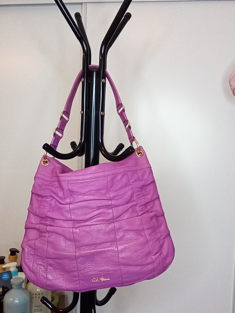 Cole Haan Purple Pebbled Leather Ruched Hobo Bag